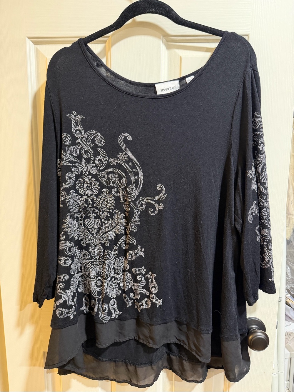 Avenue Black Top with Silver Scroll Print and Layered Hem